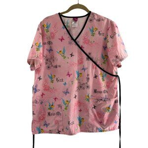 Disney Tinker Bell Pink Wrap Scrub Top M Short Sleeve Pockets Nurse Uniform‎